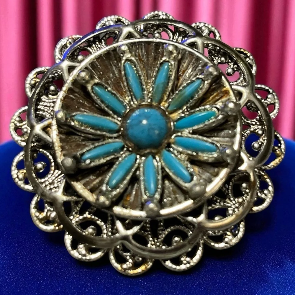 Vintage Silver Tone and Turquoise Floral Brooch